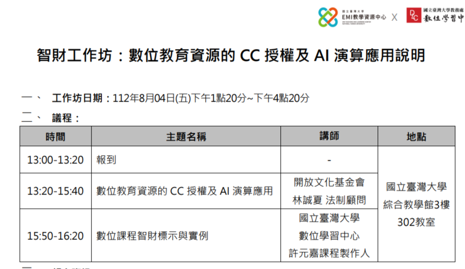 智財工作坊：數位教育資源的 CC 授權及 AI 演算應用說明